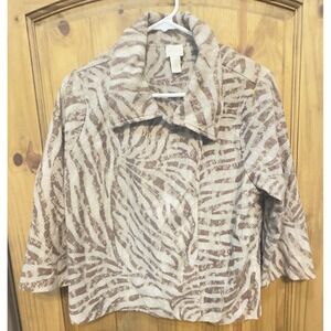 Chico's 2 Animal Print Jacket Beige & Brown Zebra Pattern Textured Velvet‎ Look